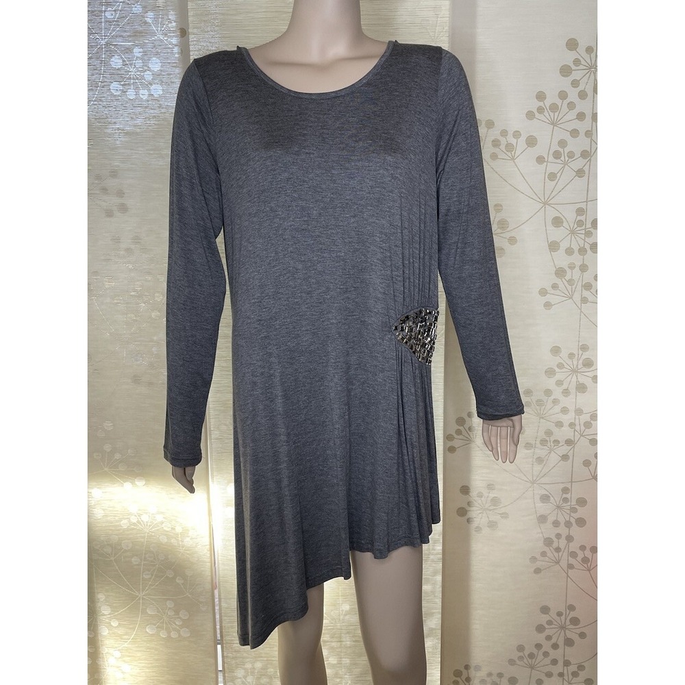 Diane Gilman DG2 Gray Asymmetrical Tunic Top With Studded Details Large